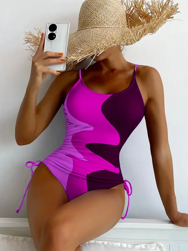 One-piece swimsuit, multi-color panels, drawstring ripple women's swimsuit