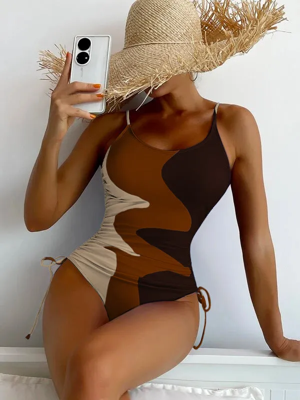 One-piece swimsuit, multi-color panels, drawstring ripple women's swimsuit