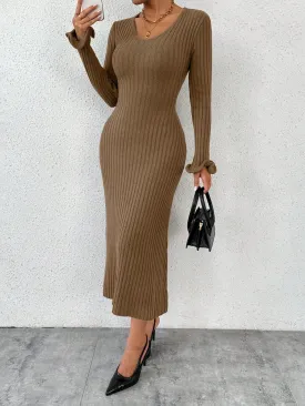 Parien V-Neck Ruffled Long Sleeve Sweater Dress