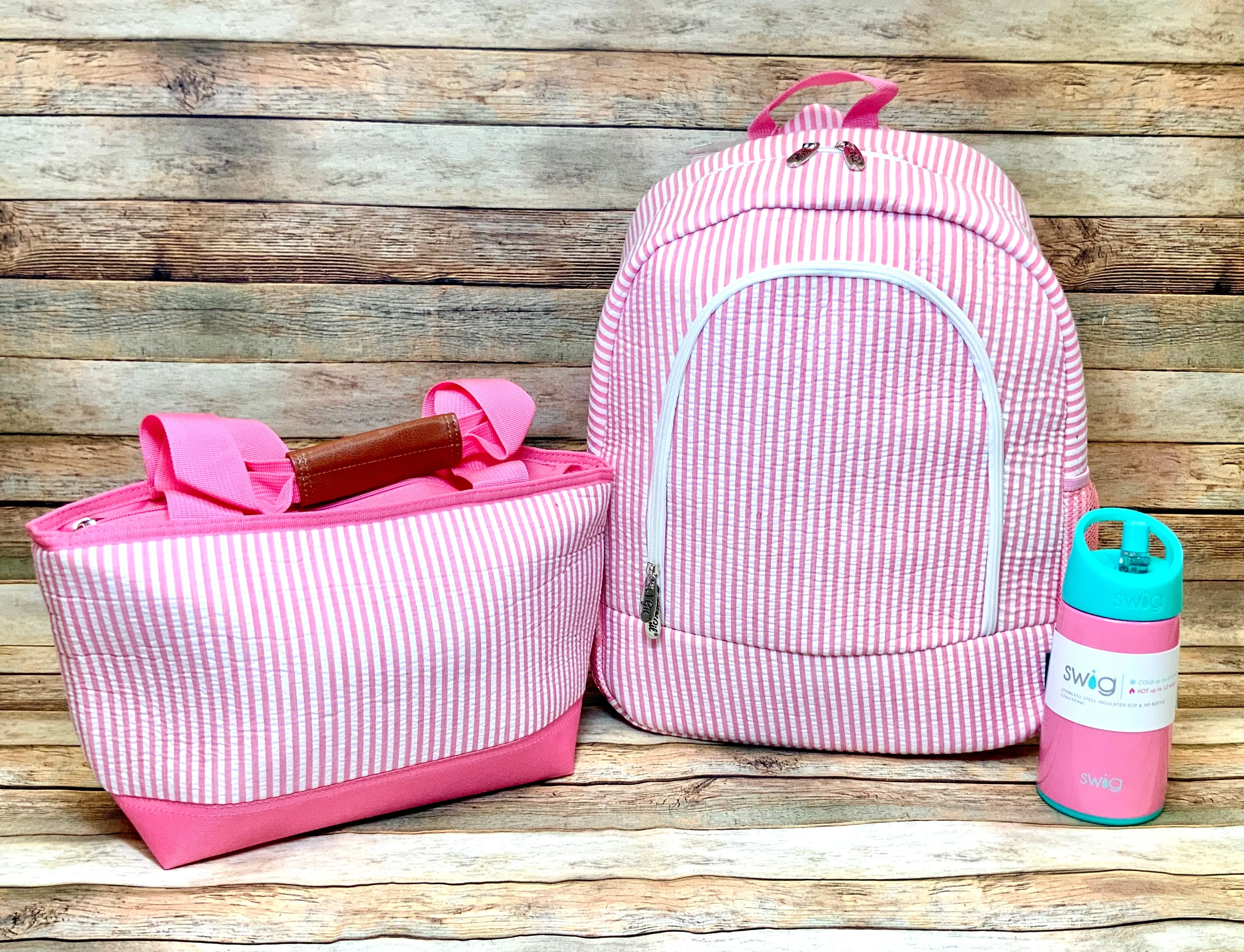 Pink and White Stripe Seersucker Backpack and Lunch Bag