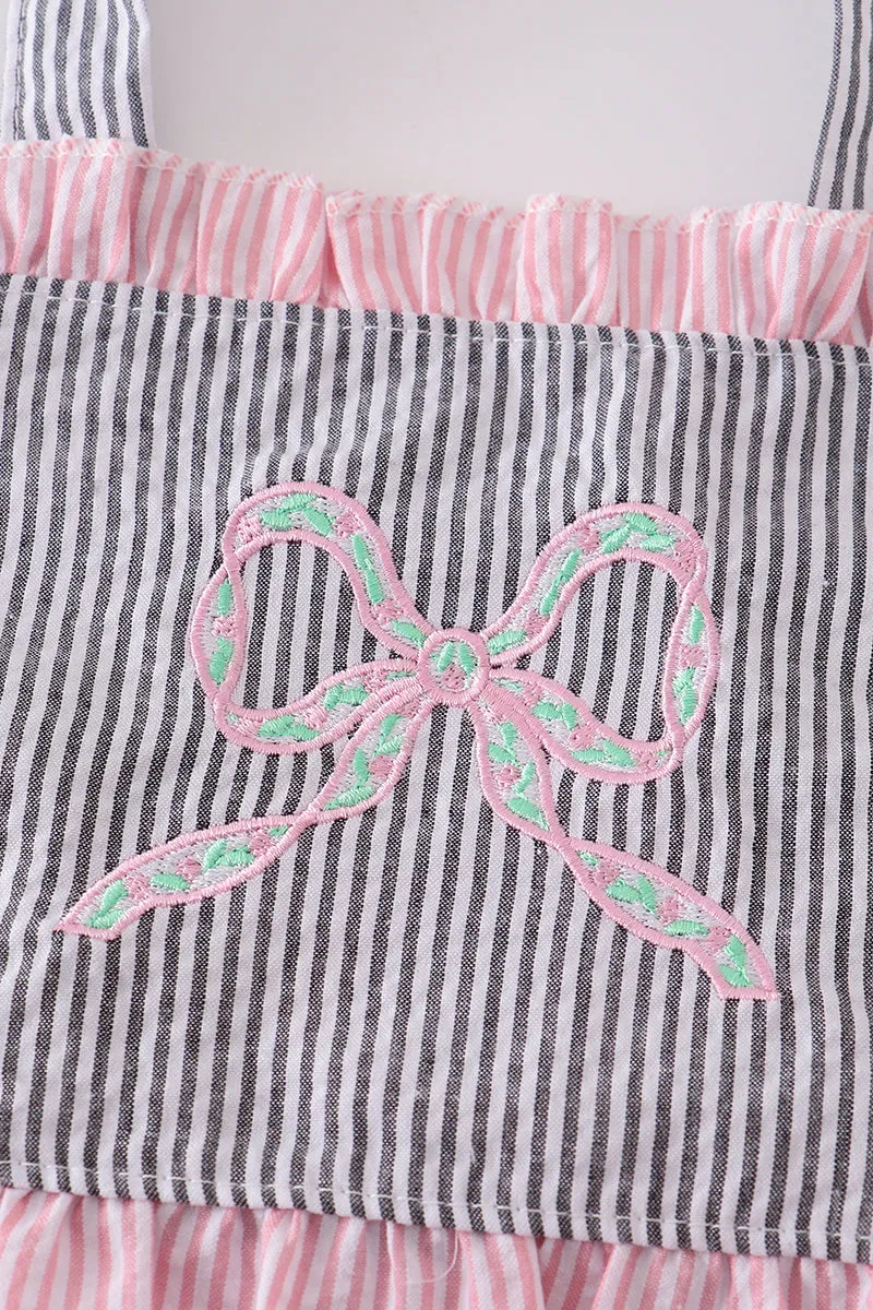 Pink seersucker bow embroidery 2pc swimsuit