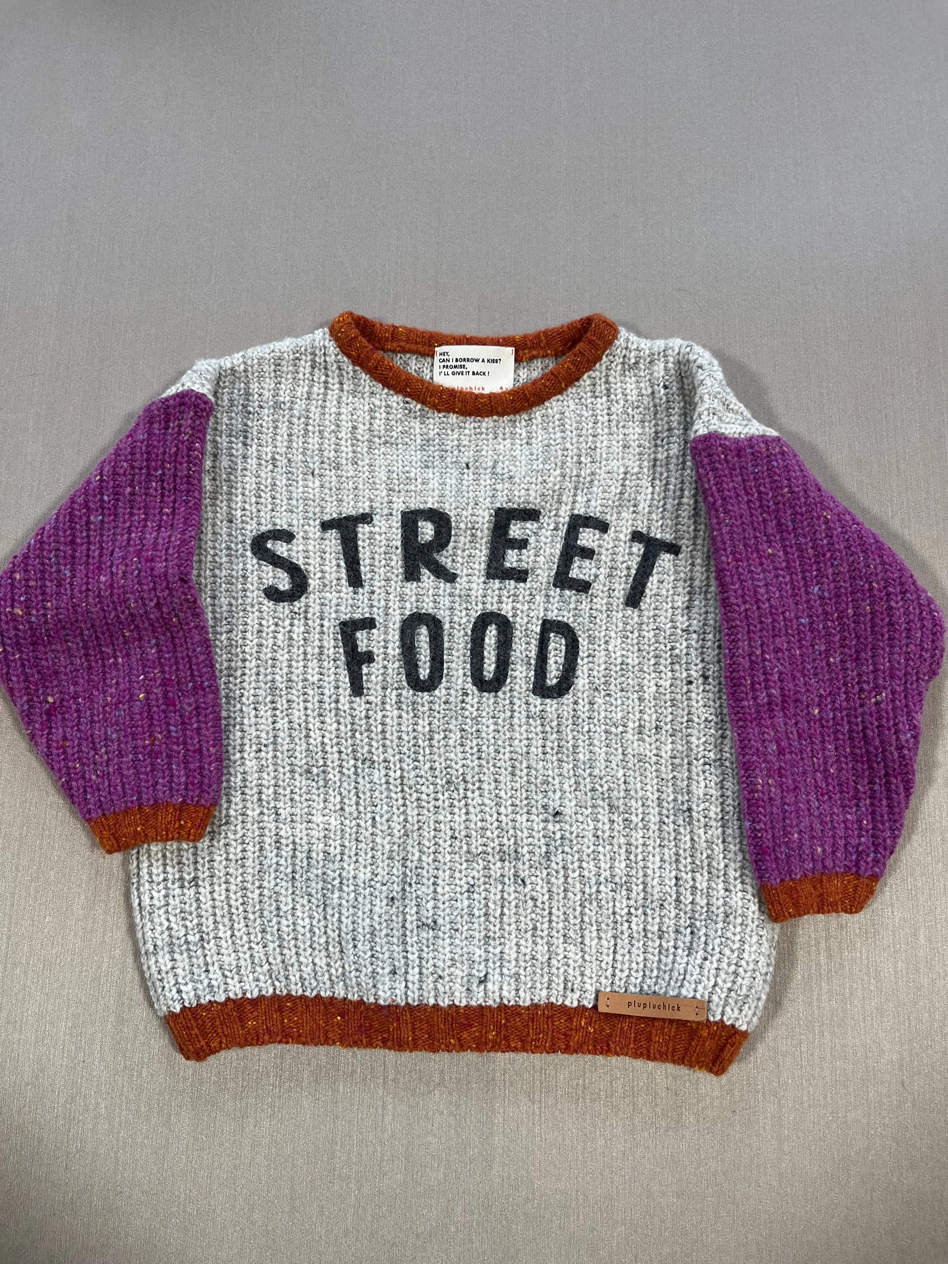 PRELVDSweater in Light Grey w/ "Street Food" Embroidery - 4y