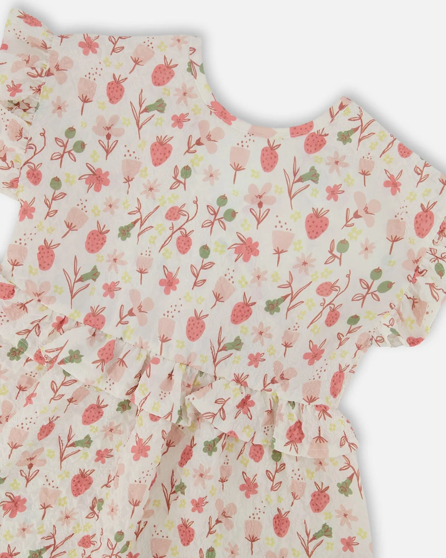 Printed Seersucker Dress With Frill Pink Flowers On Cream Background