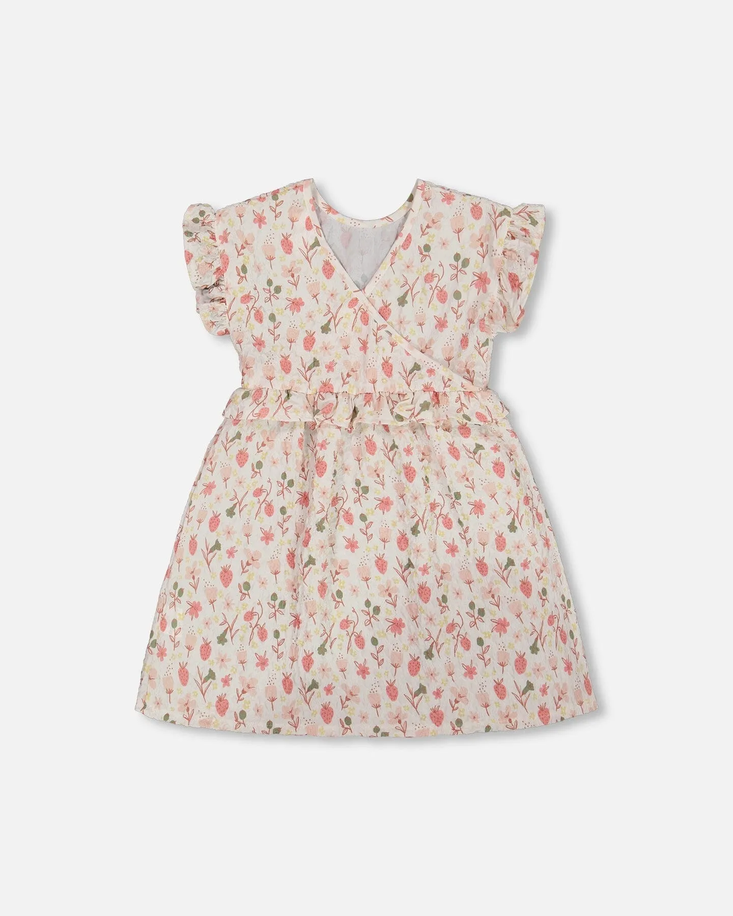 Printed Seersucker Dress With Frill Pink Flowers On Cream Background