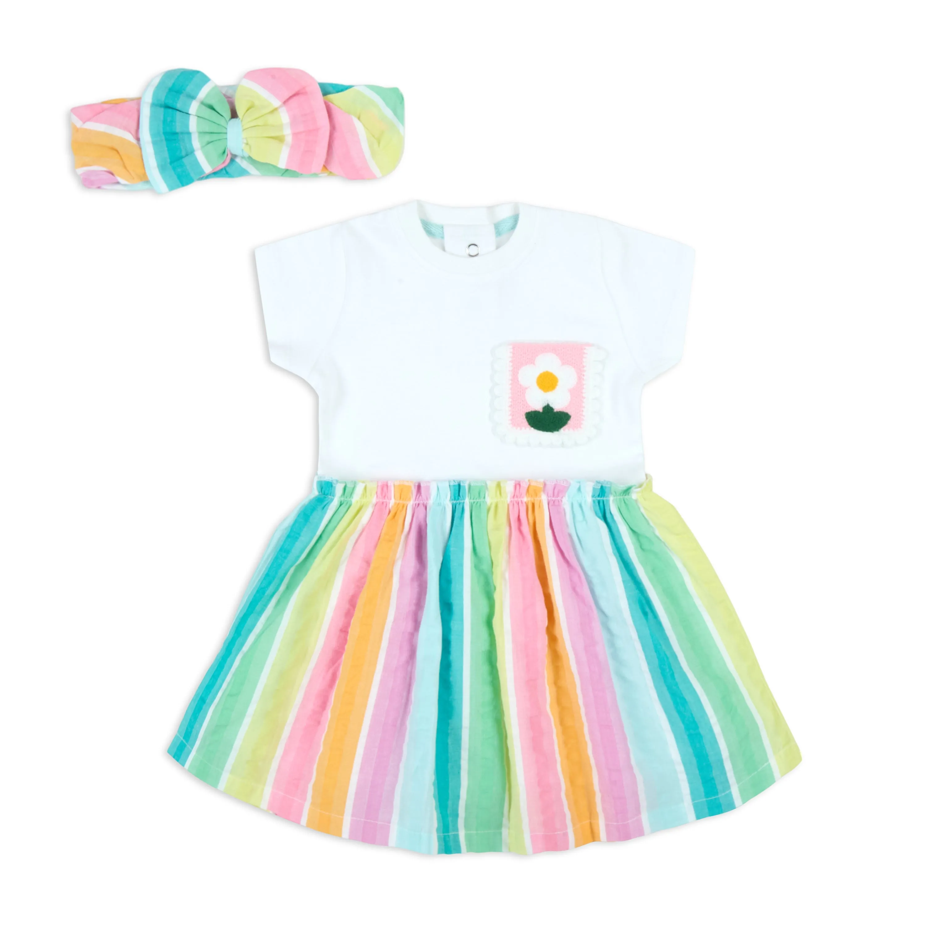 Rainbow Seersucker Stripes Mix-Media Dress With Hairband - Multi