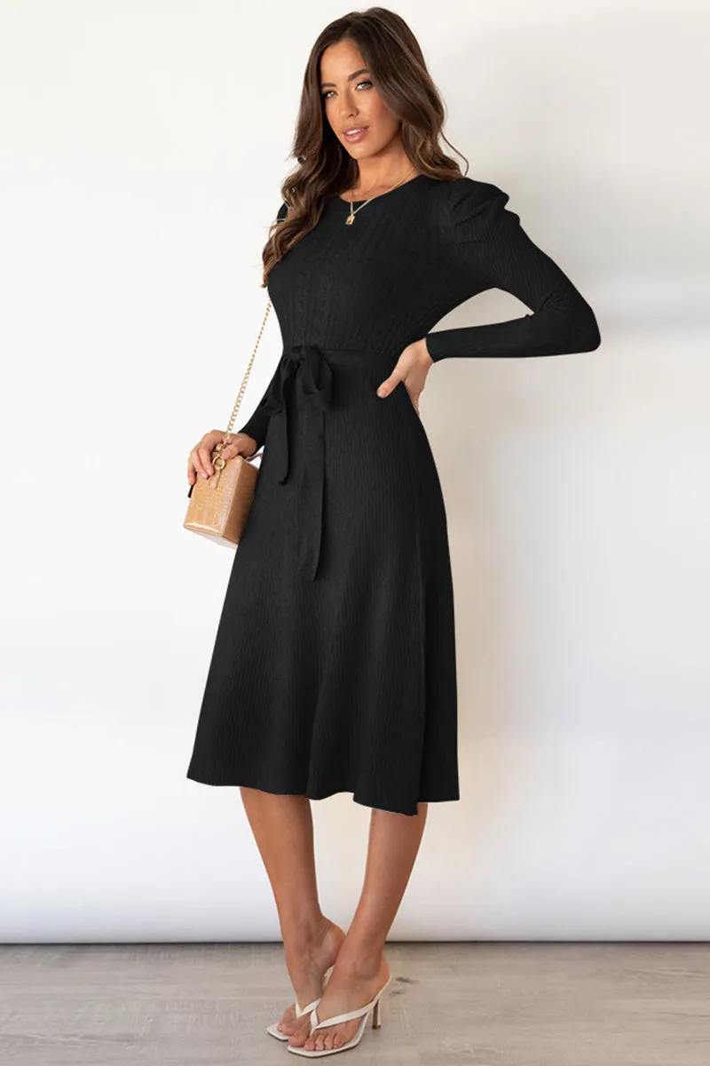 Round Neck Tie Waist Sweater Dress