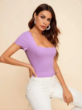 Scallop Trim Rib-knit Top