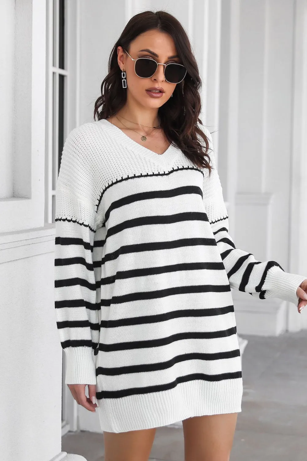 Striped Drop Shoulder Sweater Dress