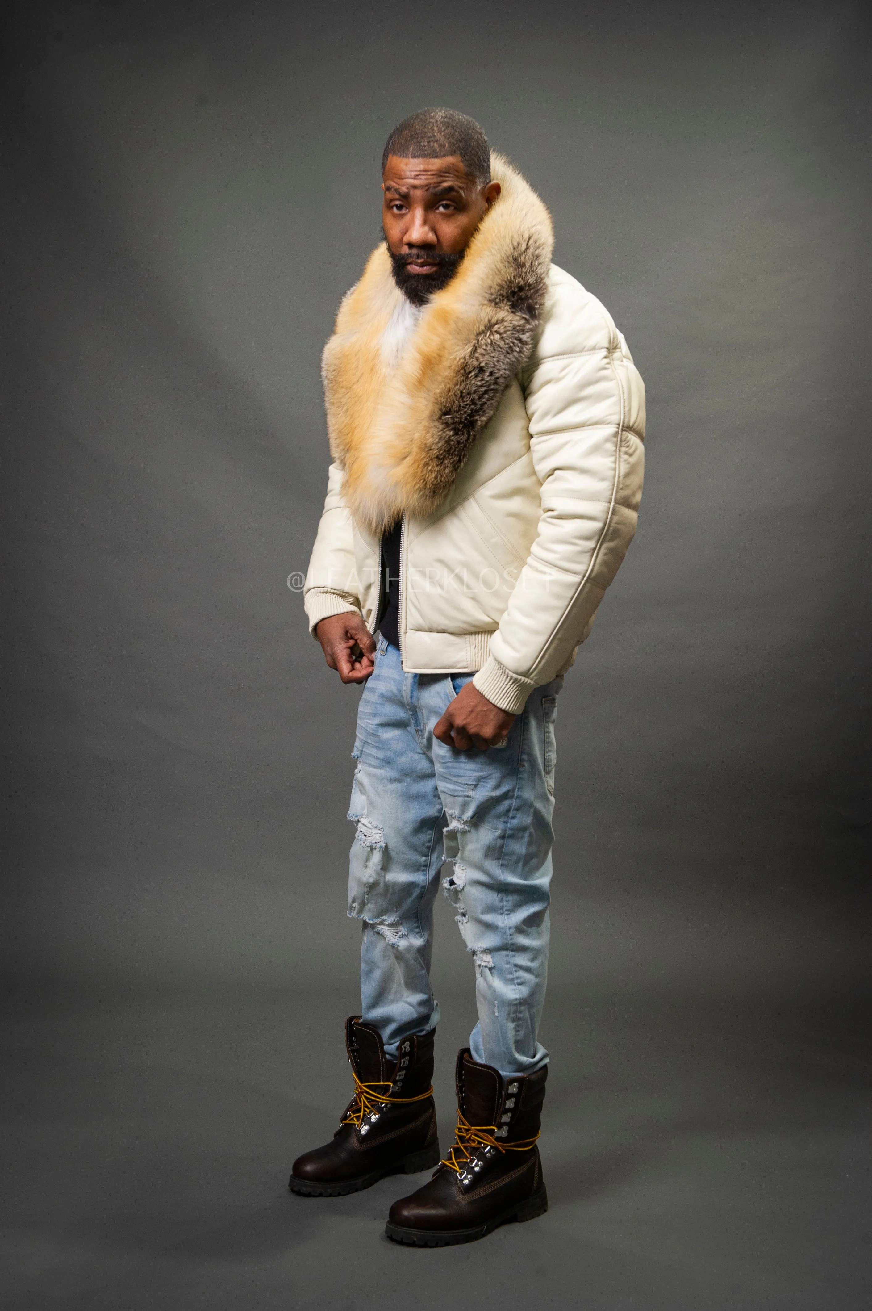 V-Bomber Leather Premium Full Fox Fur Collar [Beige]