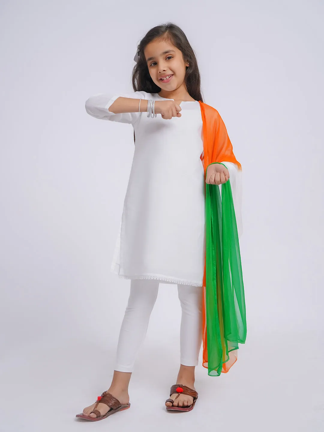 VASTRAMAY Girls' White Kurta, Leggings and Dupatta