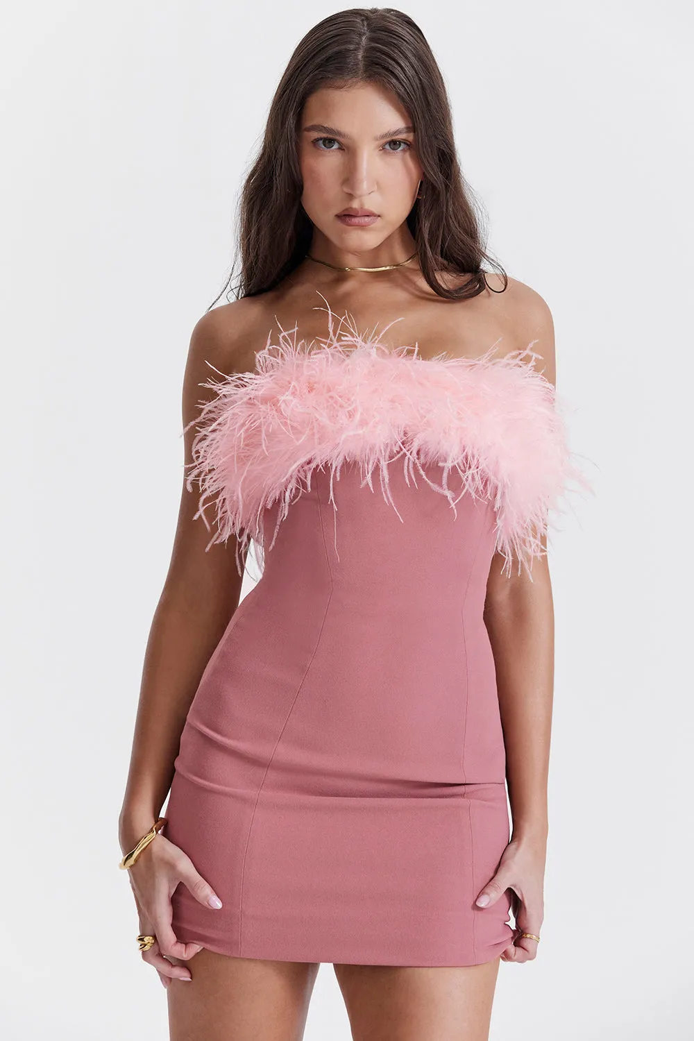 Womens Mini Dress  Bodycon Fit  Strapless Fur Trim  Evening Party Wear